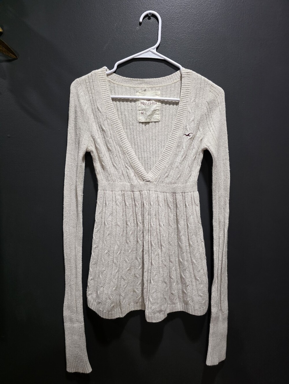 Vtg Hollister Cable Knit Babydoll Sweater Deep V Neckline Cotton Sz M Y2K 00s